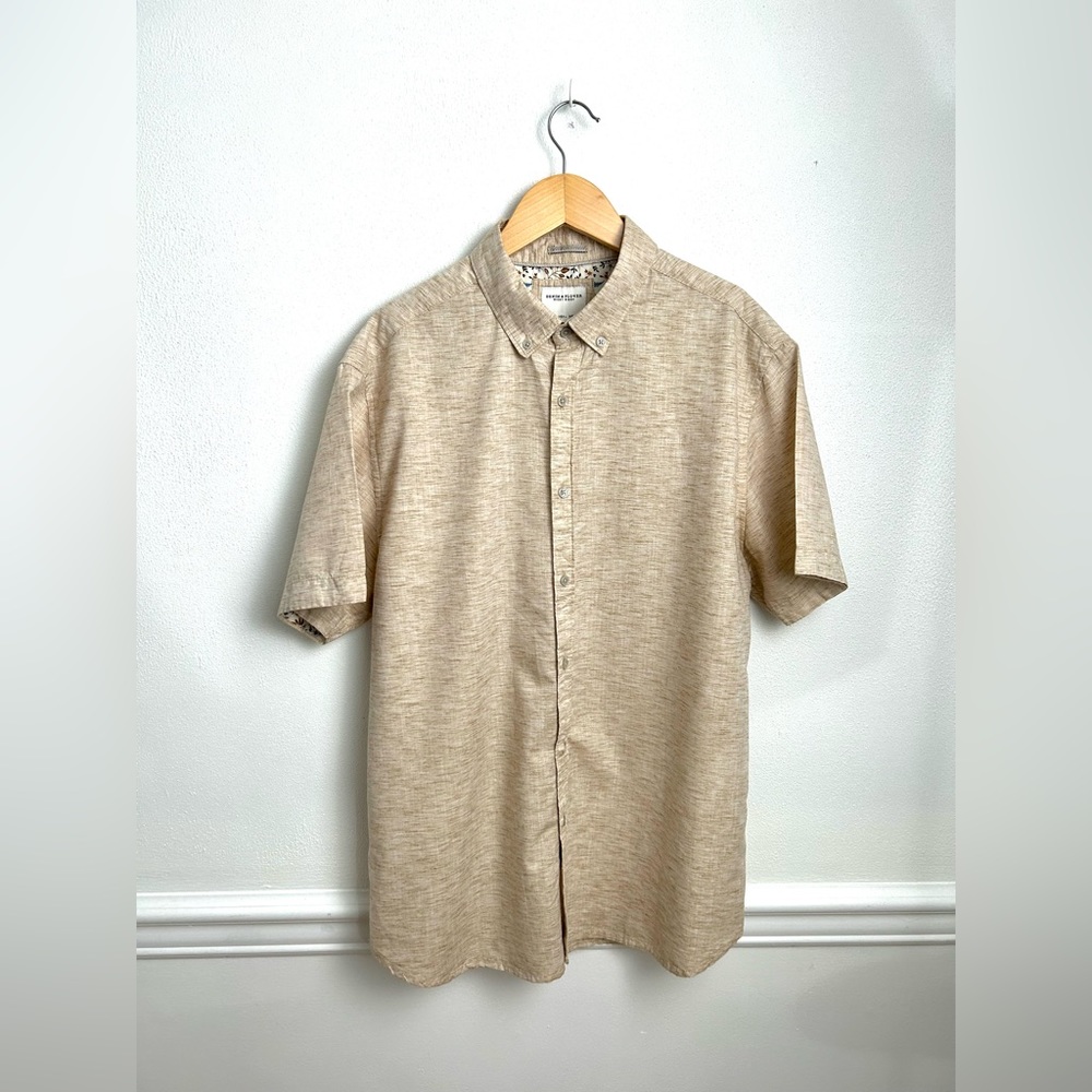 Denim & Flower Ricky Singh Men’s Shirt Short Sleeve Beige Flowers Design Size L